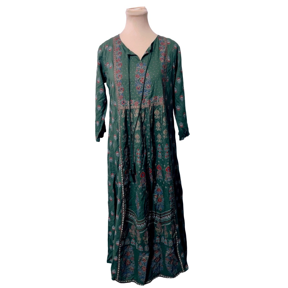 Max Women Green Floral  Viscose Maxi Dress Size S Boho Peasant Tassel Tie Modest
